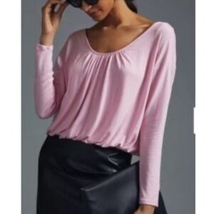 Anthropologie Maeve Poplin V Neck Bubble Hem top size XS pink shirt, long sleeve